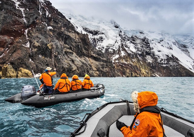Lindblad Expedition guests explore Antarctica and the South Sandwich Islands region via Zodiacs. Photo by Ralph Lee Hopkins, provided by Lindblad Expeditions-National Geographic. 