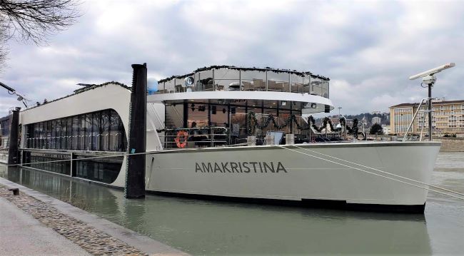 Rhone River rambler, AmaKristina, is docked in Lyon, France, at Christmastime. Photo by Susan J. Young.
