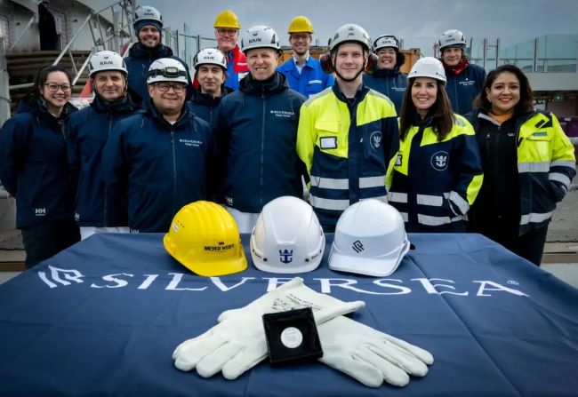 Silver Ray's construction team at Meyer Werft in Papenburg, Germany, celebrate the Silver Ray float out. Photo provided by Silversea Cruises..