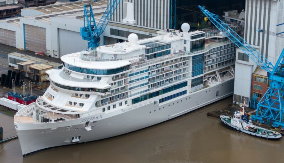 Silver Ray floats out of the Meyer Werft construction building in Papenburg, Germany. Photo by Silversea Cruises and Meyer Werft.