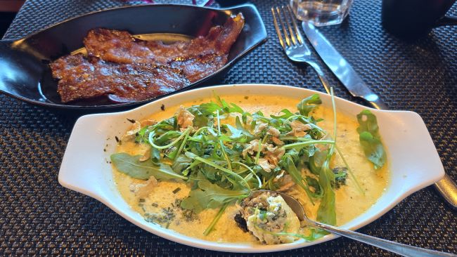 A tasty wild mushroom frittata and incredible carmelized bacon were our go-to choices for brunch one day at Razzle Dazzle. Photo by Susan J. Young. 