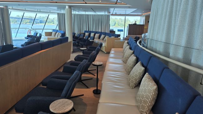 The theater-style seating on Deck 2 of the Explorers' Lounge on Viking Mississippi. Photo by Susan J. Young. 