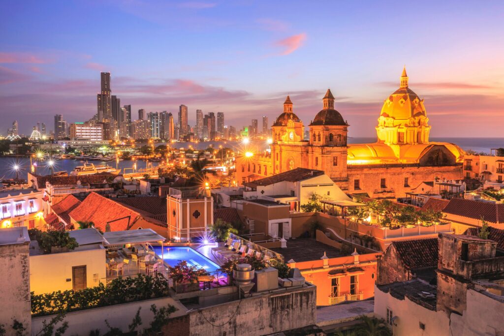 Cartagena's historic Old Town at night. Photo by Shutterstock provided by Seabourn. 