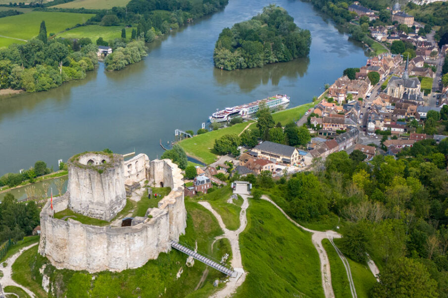 A Tauck river vessel is shown above docked near Les Andelys on the River Seine, just below Chateau Gaillard. Photo by Tauck.