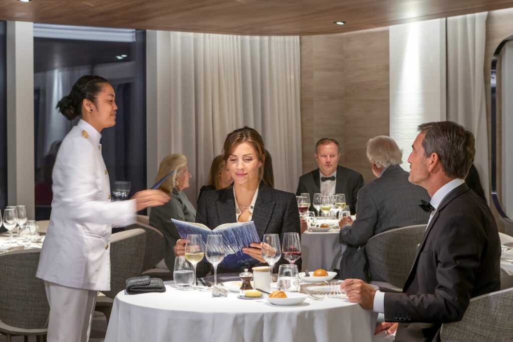 Nuna, Le Commandant Charcot's gastronomic fine dining restaurant is shown above. Photo ©PONANT-Gilles Trillard.