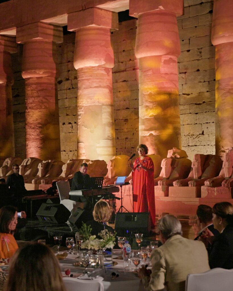 The post-christening celebratory dinner in Luxor featured spectacular lighting on ancient monuments and singing by Sissel. Photo by Viking. 