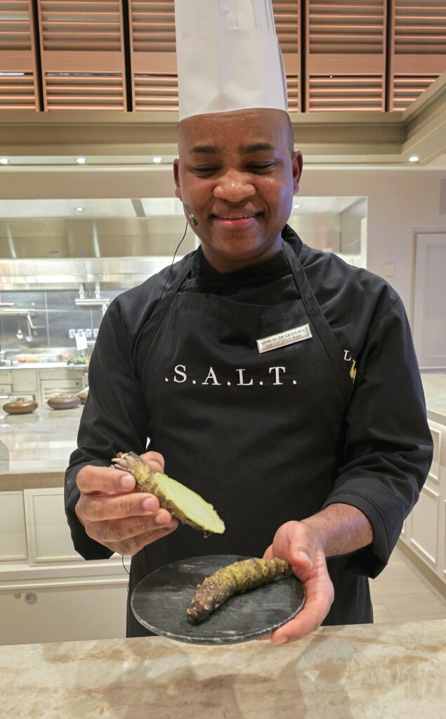 A S.A.L.T. chef explains wasabi used as an ingredient at the Chef's Table experience in S.A.L.T. Lab on Silversea's Silver Nova. Photo by Susan J. Young.