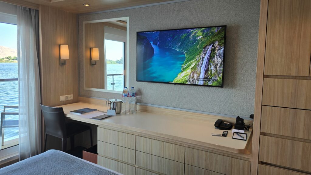 Here's a look at the desk/storage area in the living/bedroom of Viking Sobek Veranda accommodation, #210, with tons of storage. Photo by Susan J. Young.