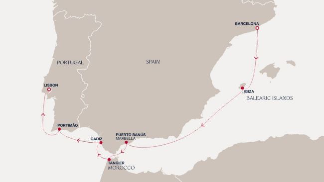 The route for Explora III's itinerary between Barcelona, Spain, and Lisbon, Portugal. Photo/Map Rendering by Explora Journeys.