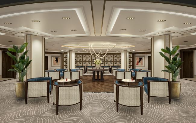 Another area of the atrium on the new Seven Seas Prestige, the newest vessel of Regent Seven Seas Cruises, launching in 2026. Photo by Regent Seven Seas Cruises.