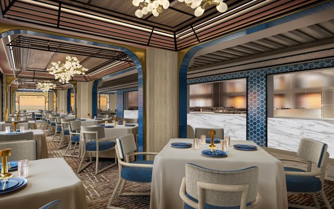 A rendering of Azure, the new Mediterranean specialty dining venue on Seven Seas Prestige. Photo by Regent Seven Seas Cruises.