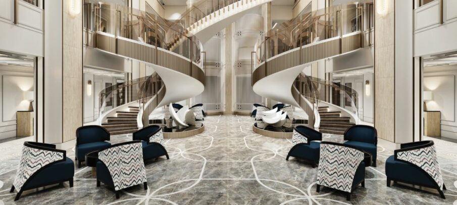 The comfortable but elegant atrium of Seven Seas Prestige, the new ship class for Regent Seven Seas Cruises. It launches in 2026. Photo by Regent Seven Seas Cruises.