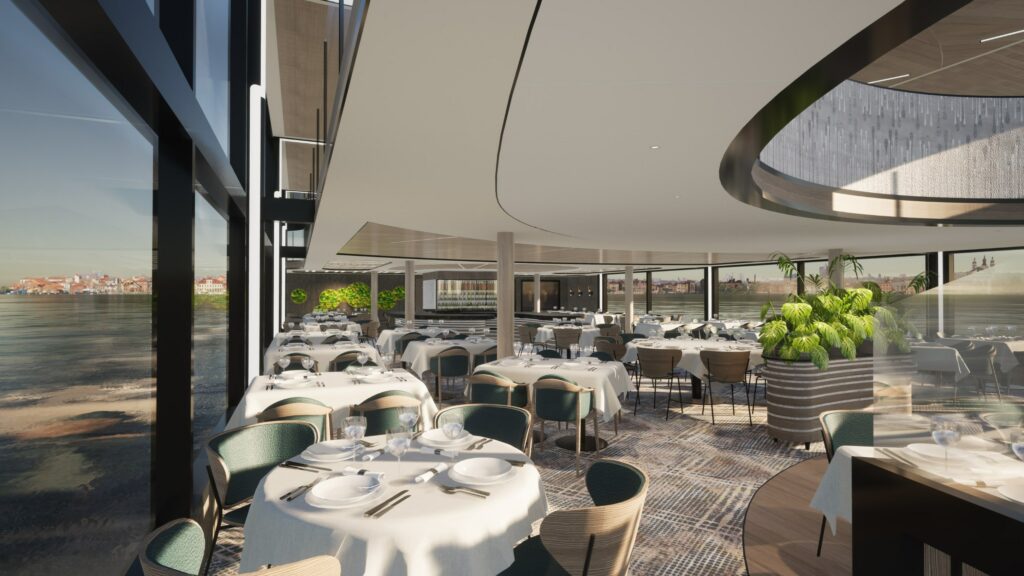Rendering of a dining room on one of the new Transcend Cruises European river vessels. Photo by Transcend Cruises.