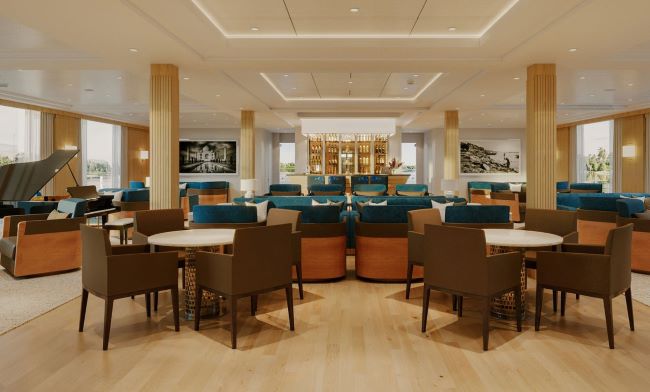 A rendering of the new lounge on the Viking Brahmaputra, a new river vessel. It will sail in India. Photo by Viking.