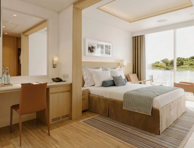 Veranda Stateroom on Viking's new Viking Brahmaputra, which will begin sailing in India during 2027. Photo/Rendering by Viking.