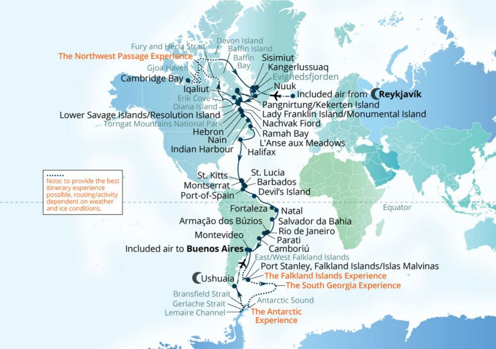 This map shows the route that Seabourn Venture will take for its 94-day "Pole to Pole: Grand Expedition" in 2027. Photo/Drawing by Seabourn.