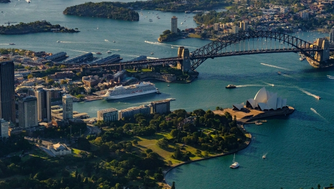 A Viking ocean ship is shown in Sydney, Australia, one of the ports of call on the 2027-2028 Viking world cruise that departs from Port Everglades, FL, and ends in London, U.K. Photo courtesy of Viking. 