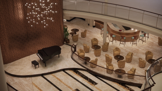 After Crystal Symphony's November 2025 drydock, the Atrium area is among the key spots onboard that will gain a new look. It's just one of many new luxury cruise news developments. Photo/Rendering by Crystal.