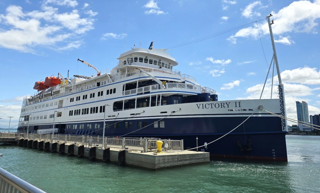 Victory Cruise Lines' Victory II is shown docked at Detroit, MI. It's among the many small ships that offer Great Lakes itineraries in summer. Photo by Susan J. Young. 