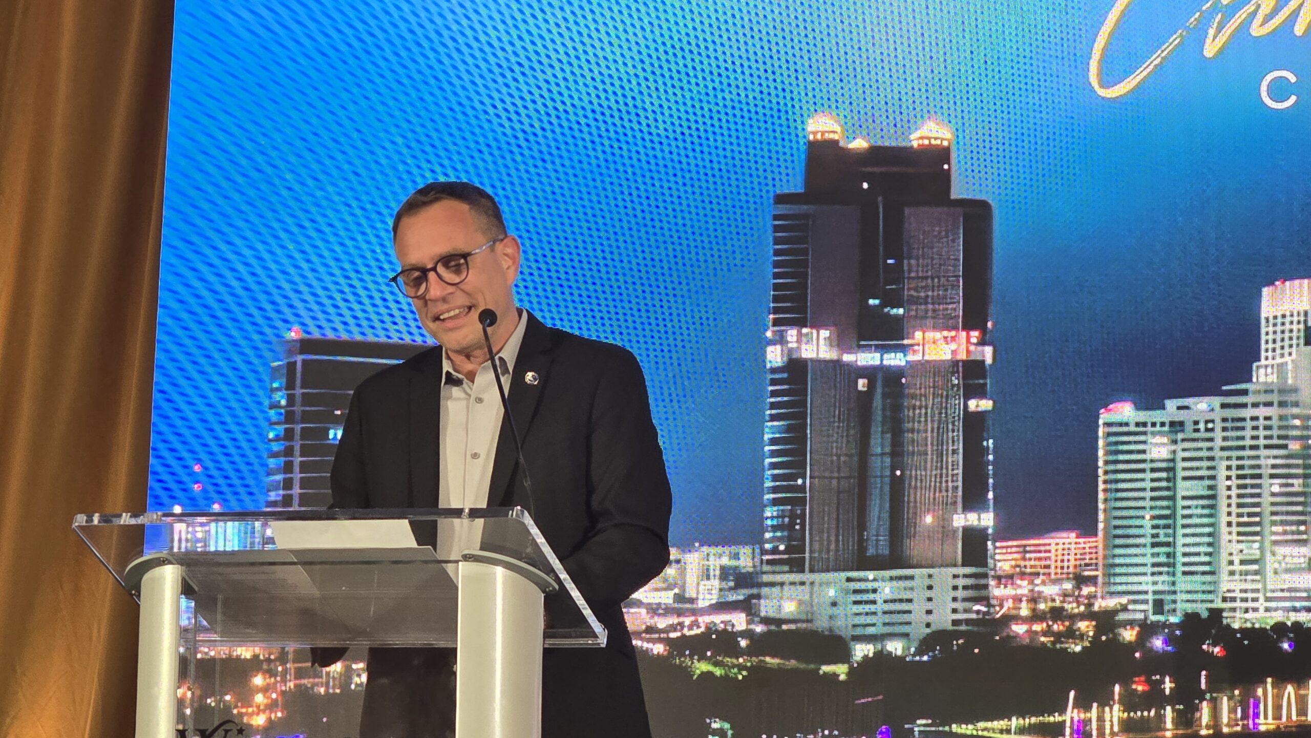 Christopher Prelog, Windstar's president, spoke at the PortMiami christening ceremony for Star Seeker. Photo by Susan J. Young.